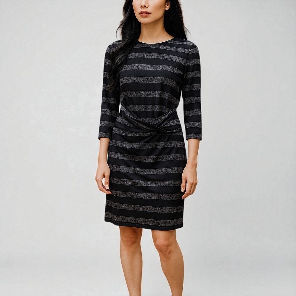 Tommy Hilfiger Black & Silver Striped Sheath Dress 4 Long Sleeve Knee Length NEW